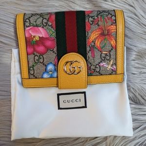 COPY - GUCCI Yellow Leather GG Coated Canvas Flora Print Ophidia Passport Holder